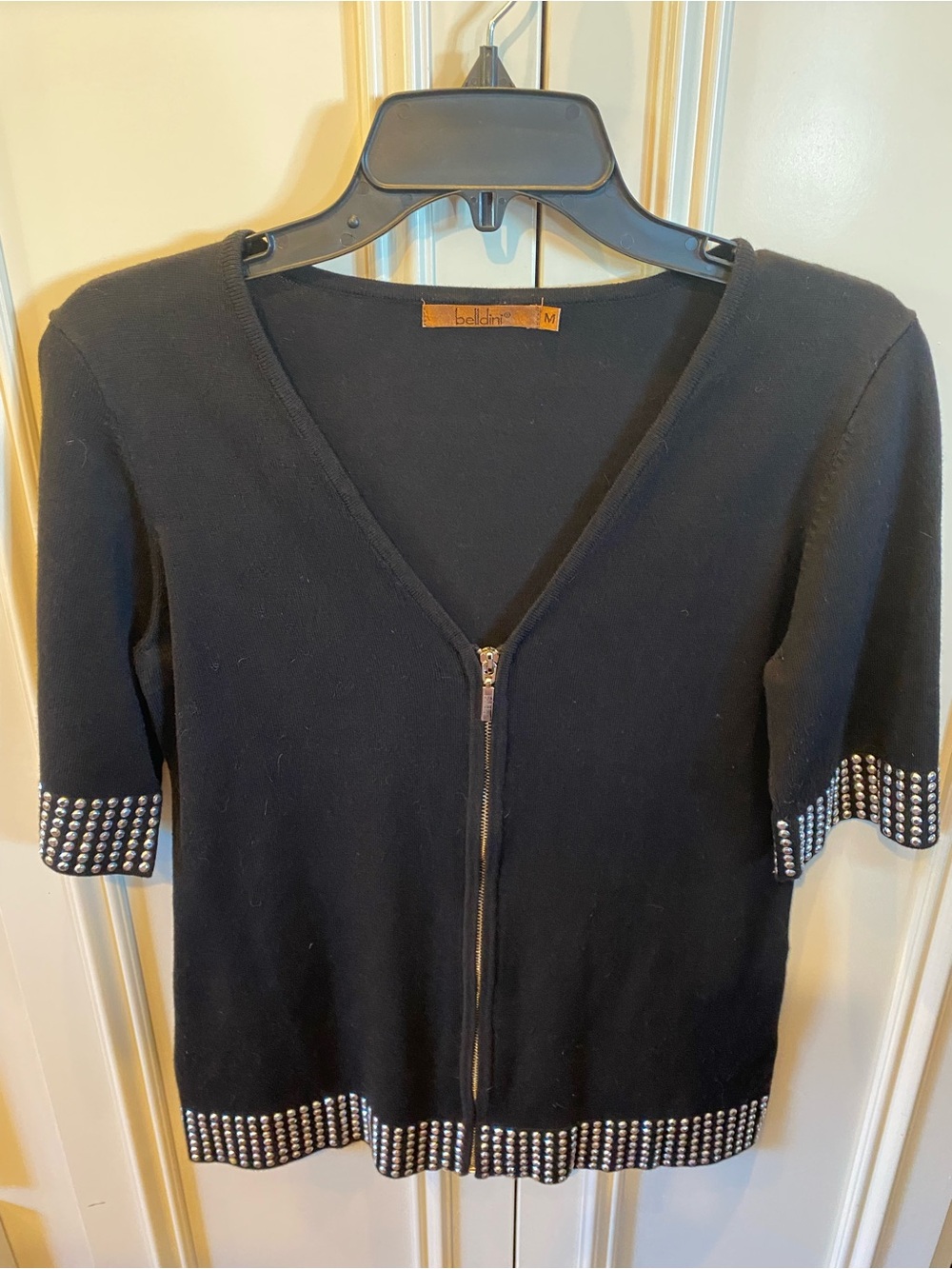 Belldini Black V-Neck Short Sleeve Zip Cardigan with Stud Trim